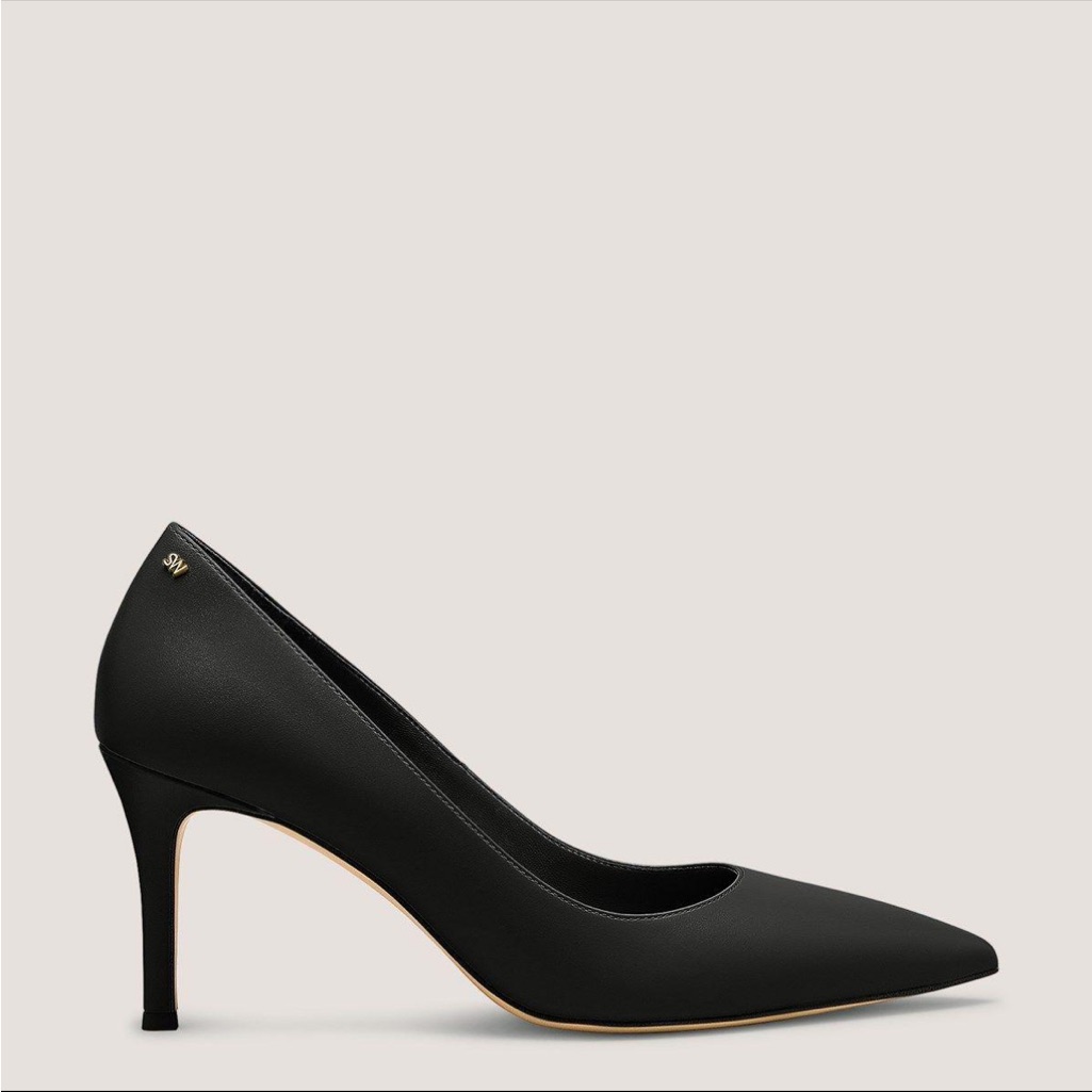 Nwt - Stuart Weitzman Black Pointed Leather Stiletto Pump With Gold Accent